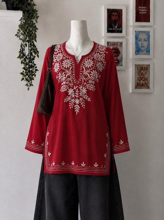 Crimson Floral Embroidered Kurti